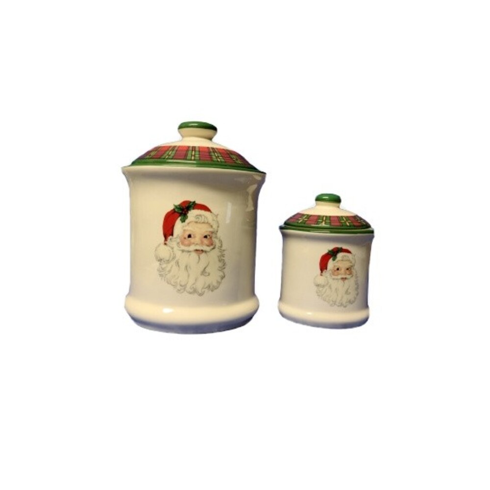Cracker Barrel Christmas In The Woods Jars with Lids Ivory Santa Plaid Set of 2